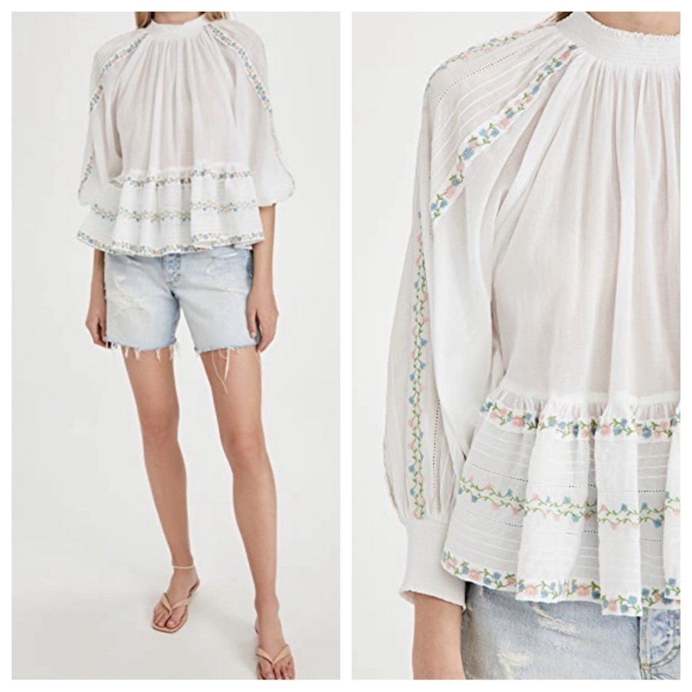 ByTimo Embroidered 100% Cotton Voile Smocked Lattice Lace Peasant Top Sz S